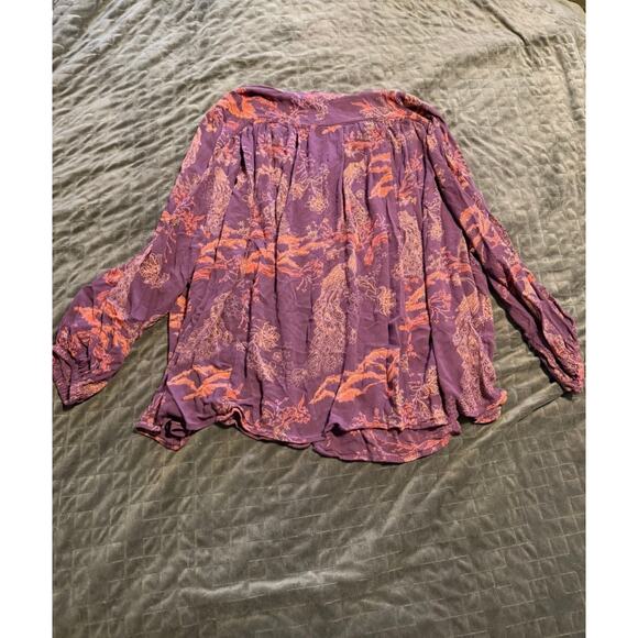 Free People Blouse, Button Down, Oversized, Peacock Print, Purple, Size Small - Picture 7 of 10